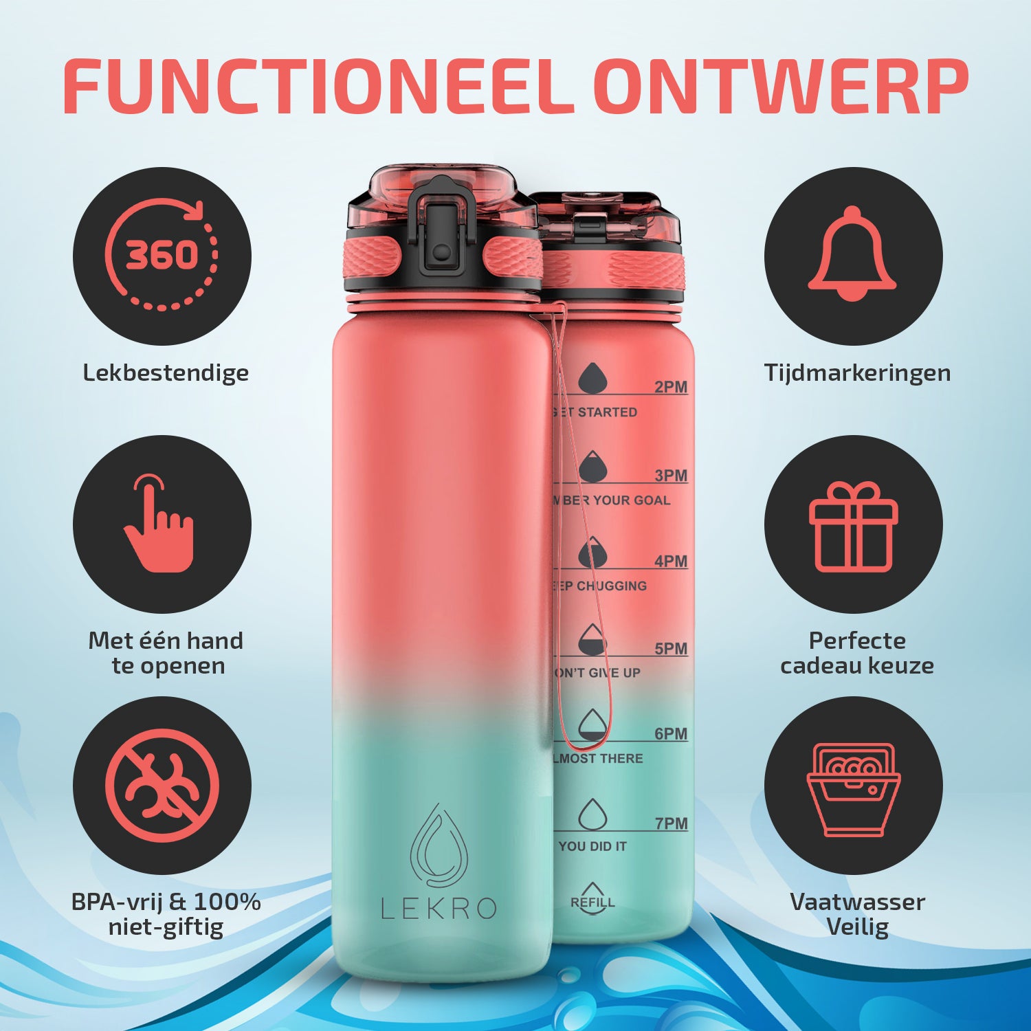 Waterfles met Tijdmarkeringen - Roze/Blauw