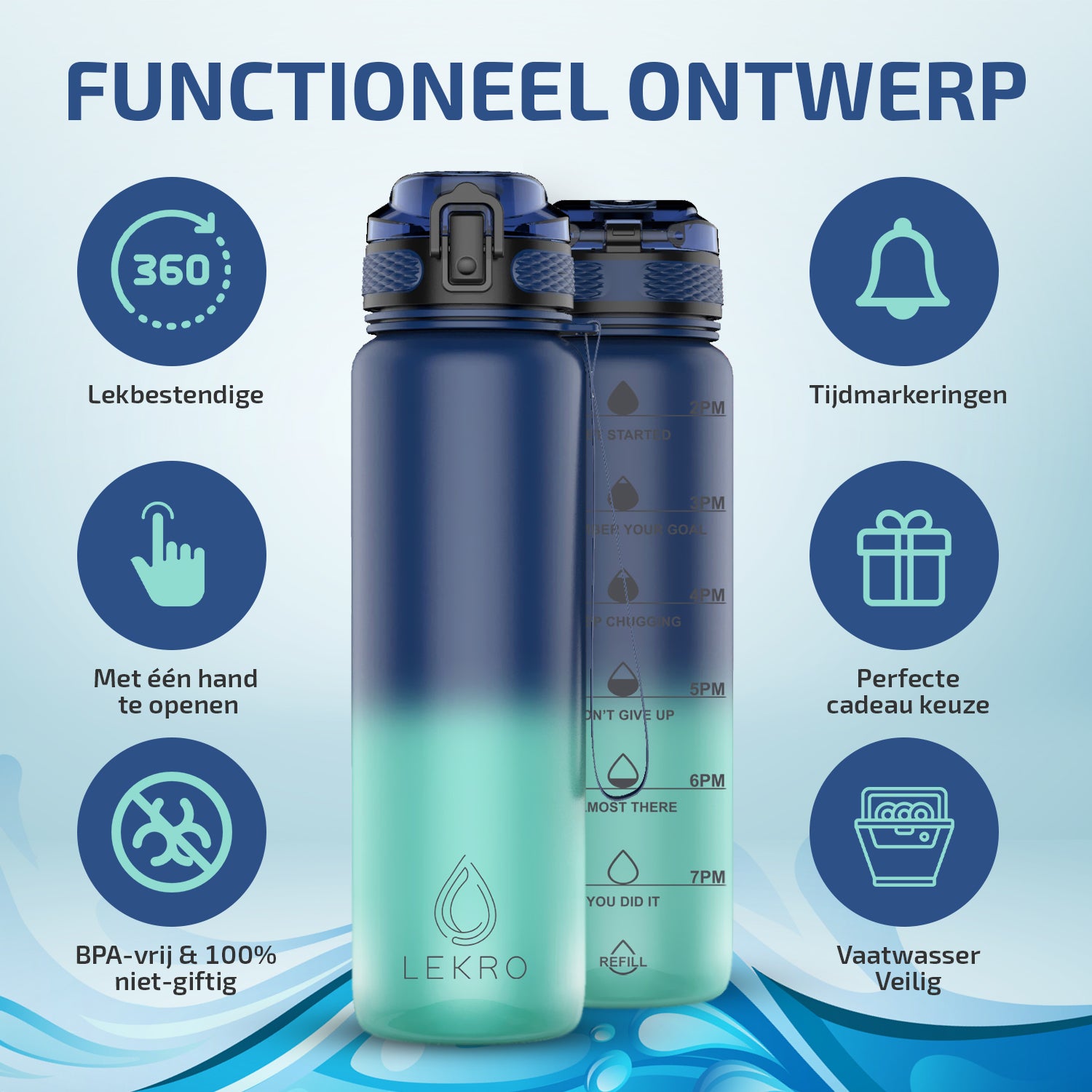 Waterfles met Tijdmarkeringen - Ombre Blauw