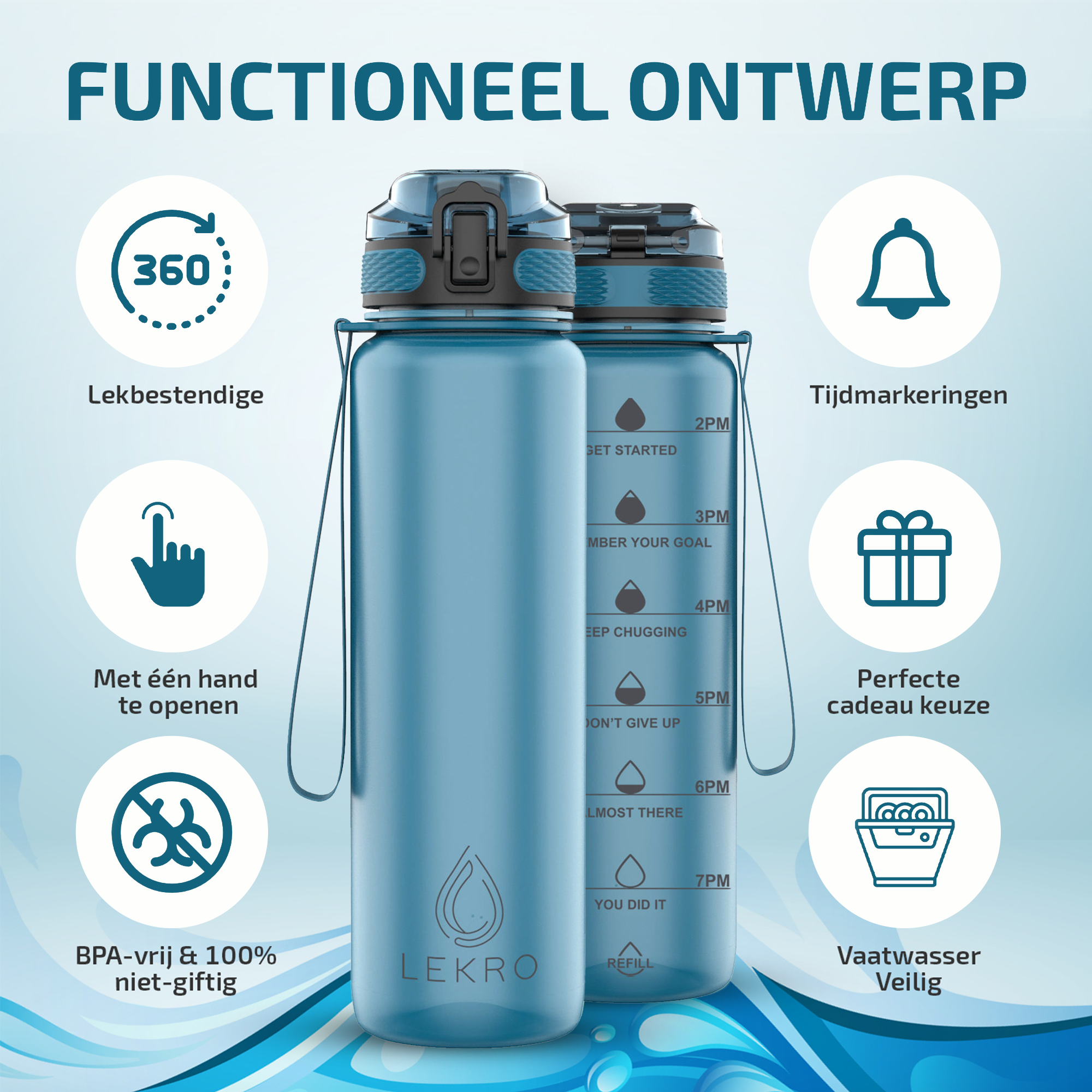 Waterfles met Tijdmarkeringen - Blauw